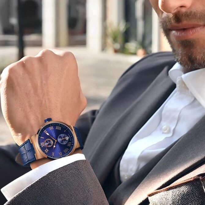 Stylish men's watch featuring a sleek design with a stainless steel case, leather strap, and precision quartz movement. Perfect for formal and casual occasions, this timepiece combines durability and elegance, making it an ideal accessory for modern men.